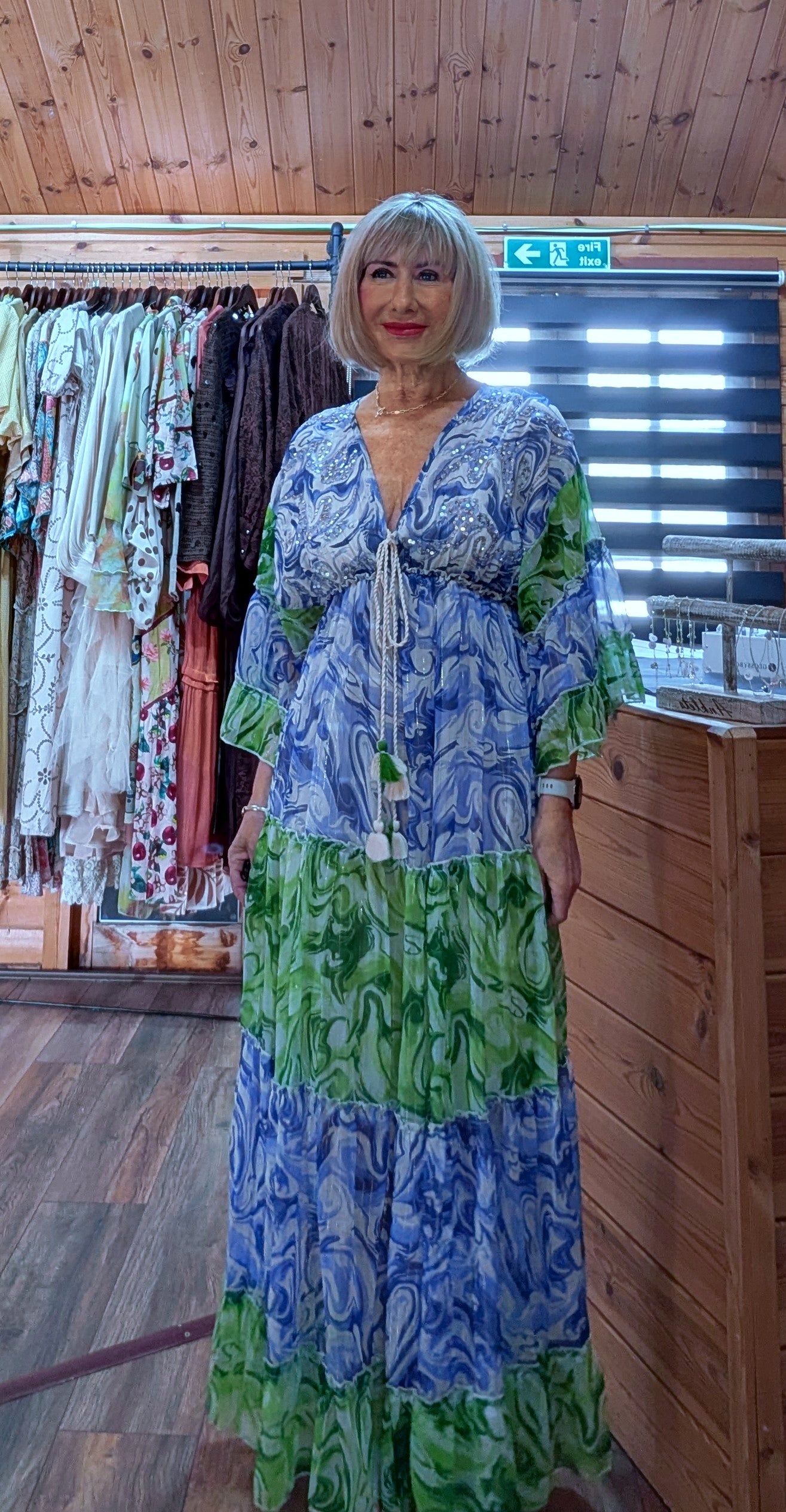 Lyla Bohemian Maxi Dress Green and Blue - Sequins and Tassels UK