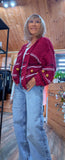 Pansy Chunky Cardigan – Deep Red with Balloon Sleeves & Mustard Bobbles