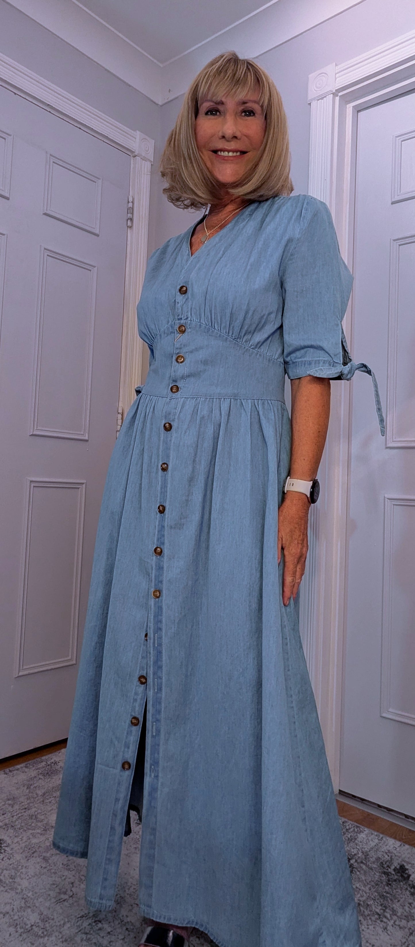 Binty Blue Denim Shirt Midi Dress Cottage Core Style