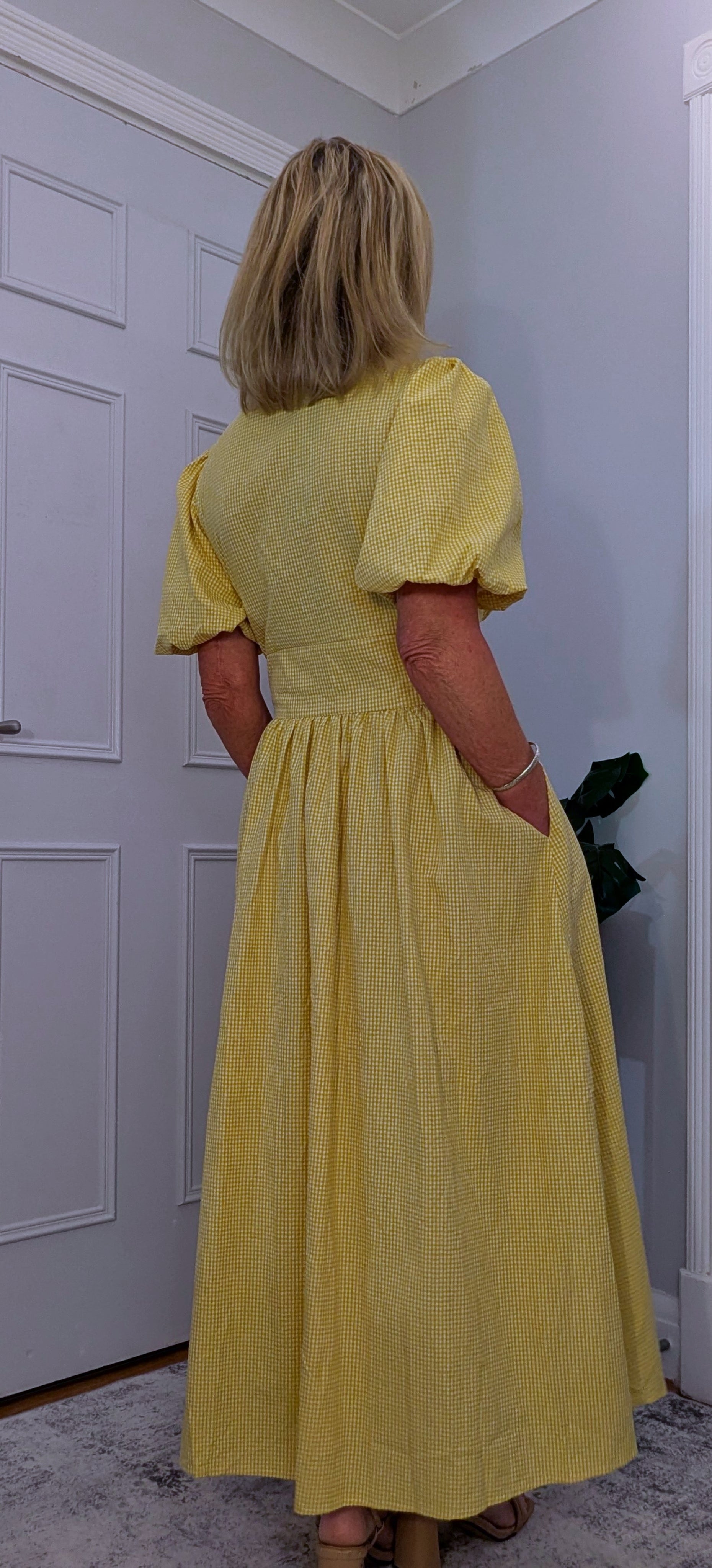 Bethany Yellow Gingham Midi Dress – Vintage Puff Sleeve Style