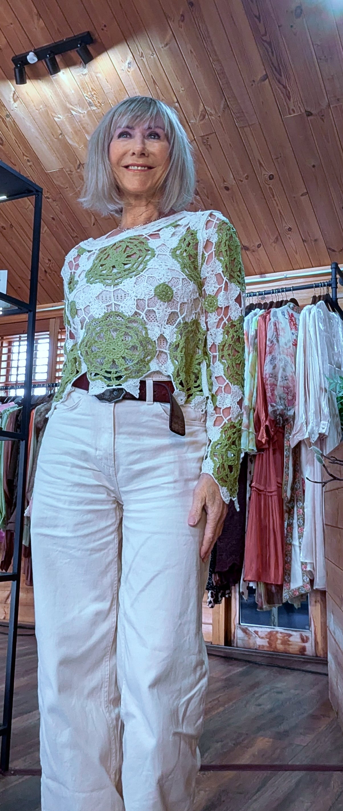 Pippa Green & Ecru Crochet Style Sweater