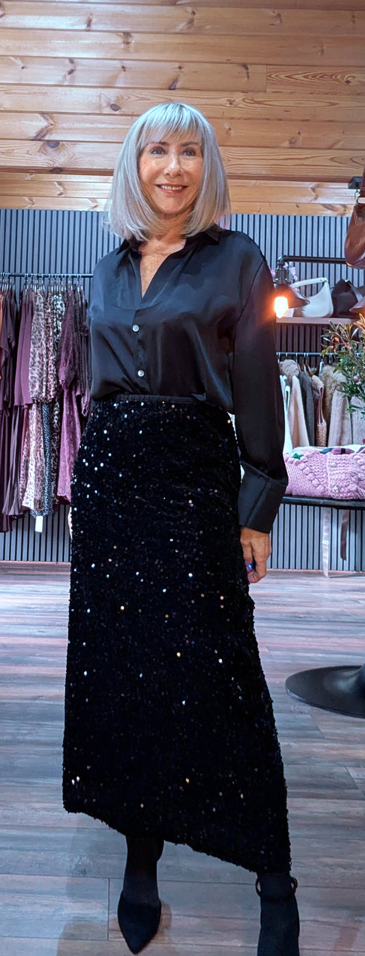 Astrid Sequin Bias Cut Skirt – Chocolate Brown/ Black