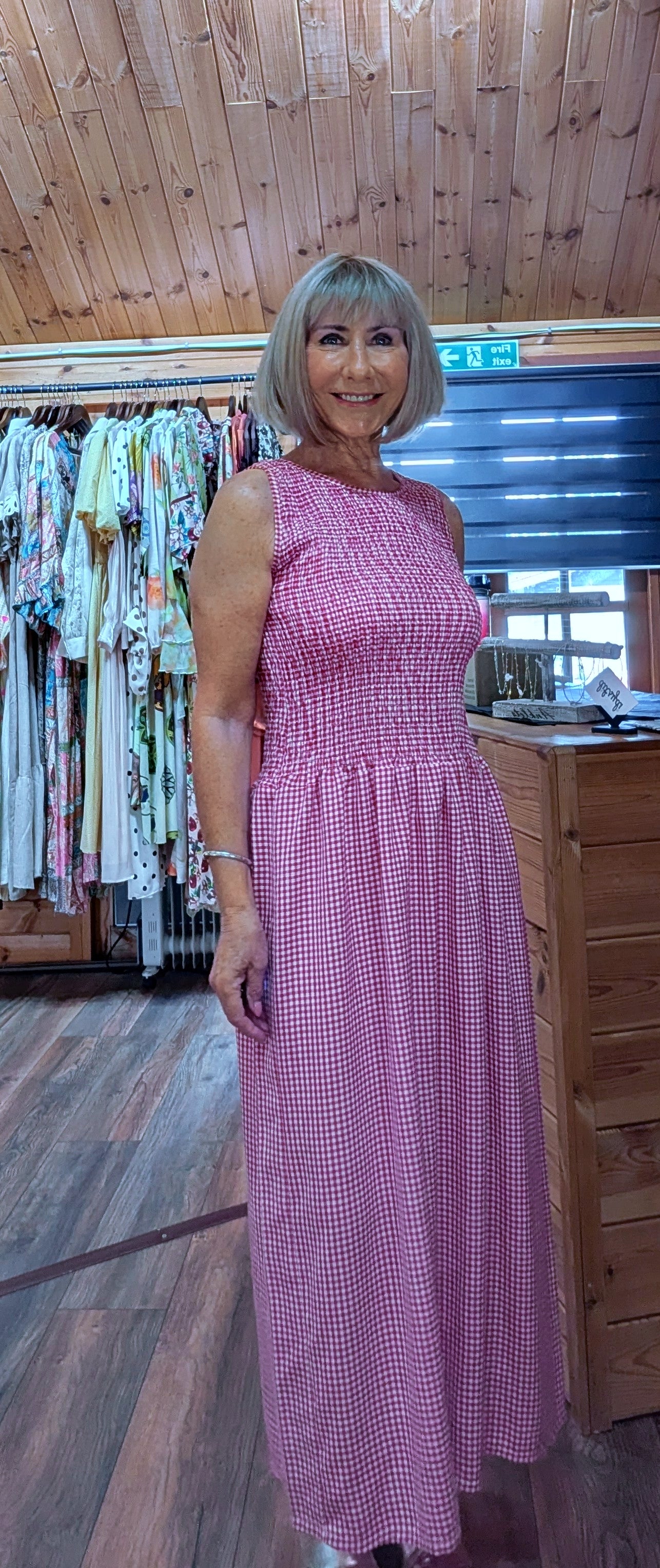 Close up Izzy Red Gingham Shirred Dress –