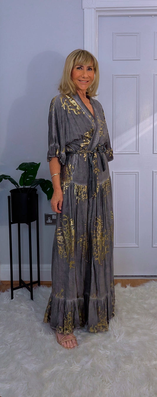 Matilda Kimono  Dress  in Silver and Gold Bold Print  Boho Inspired 