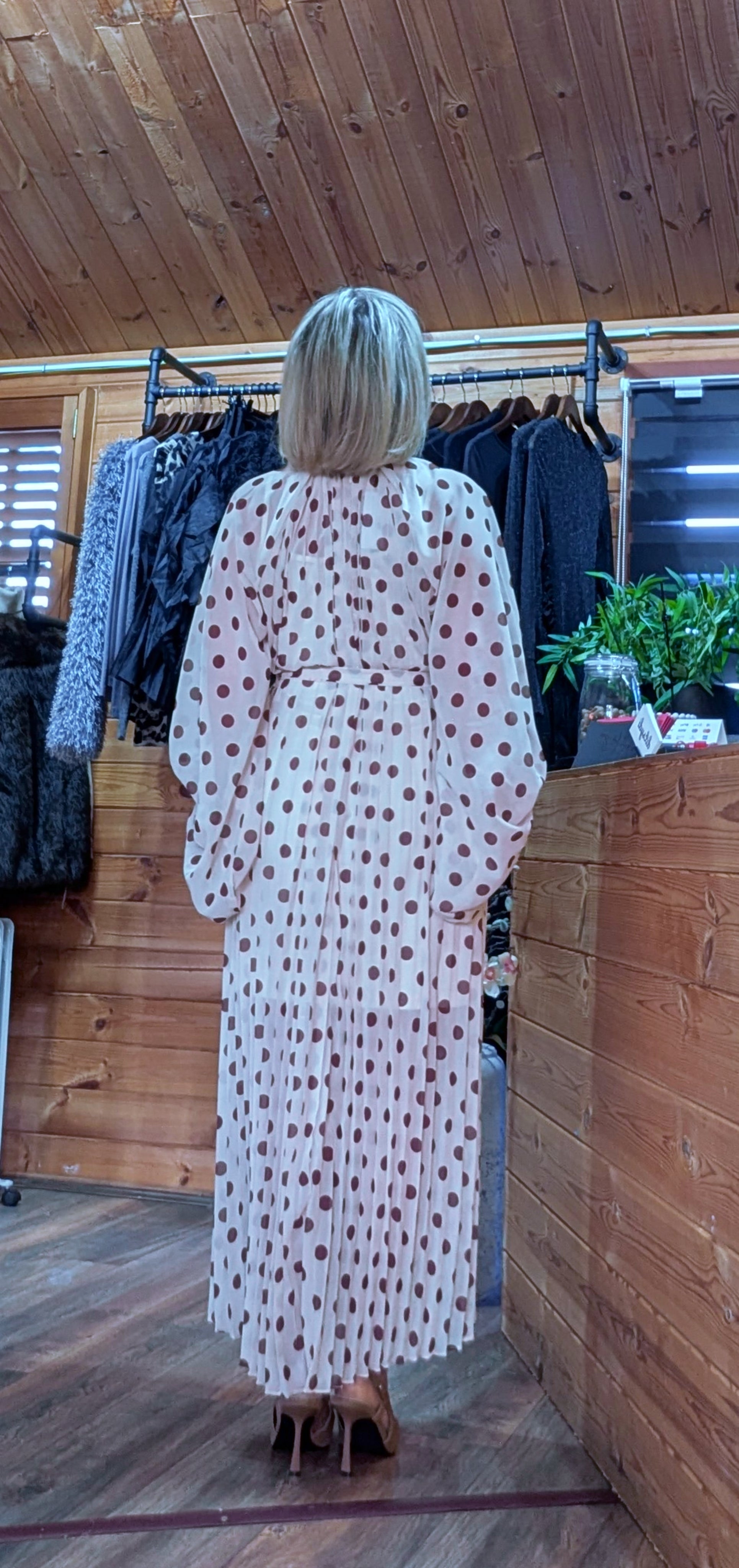 Natalya Ivory Polka Dot Pleated Dress Elegant Long Sleeve Occasion Dress