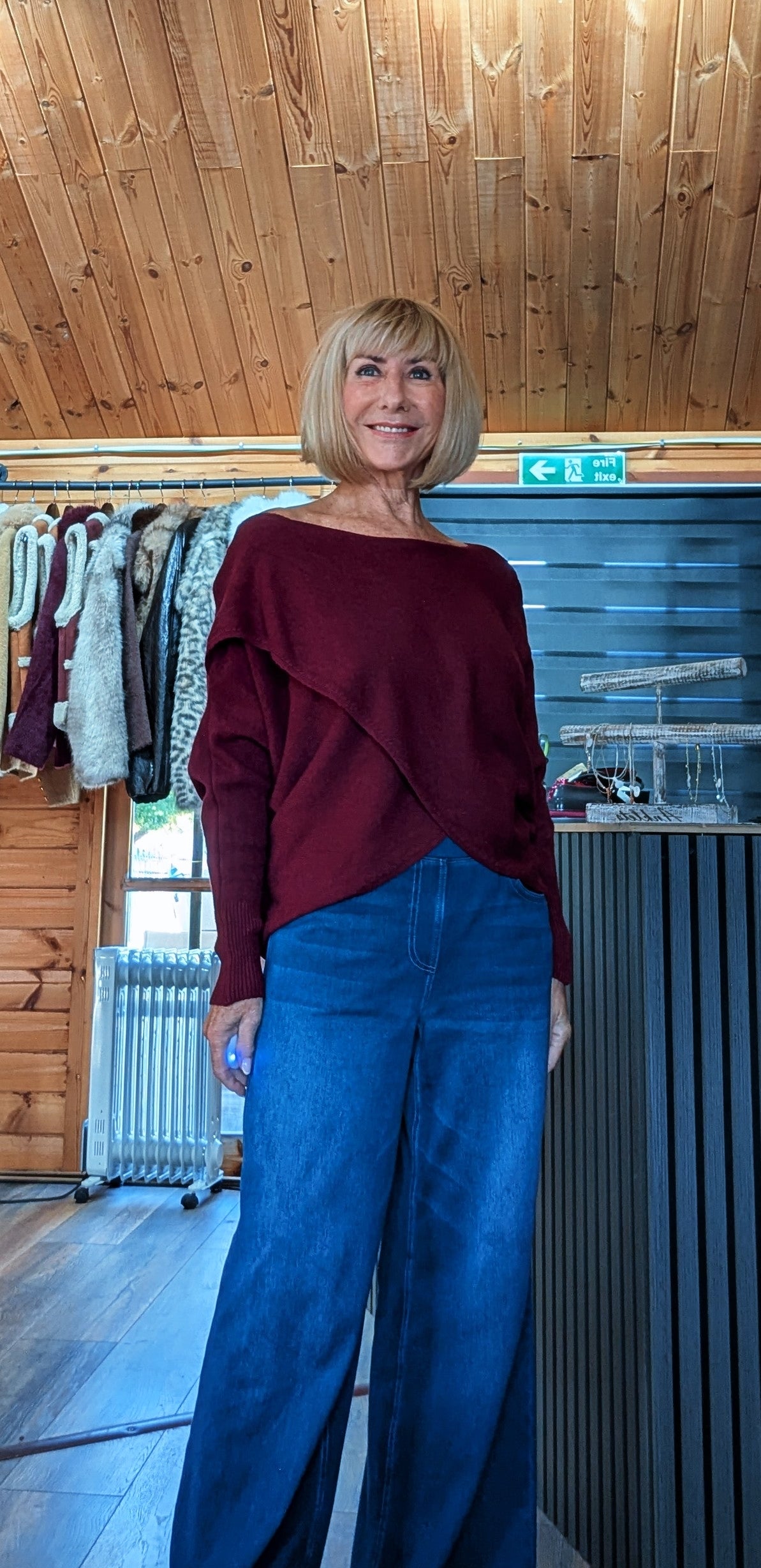 Front view of the burgundy Pippa cashmere-blend jumper worn on off shoulder by ditsydi