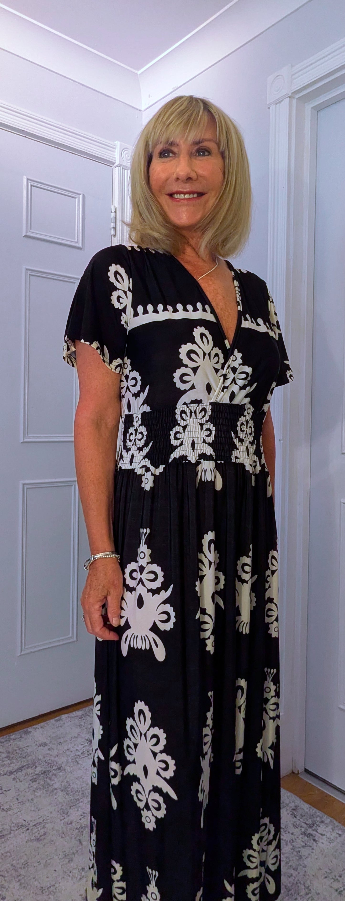 Elissa Dress Soft Jersey in  Bold Print With Shirred Waist Black