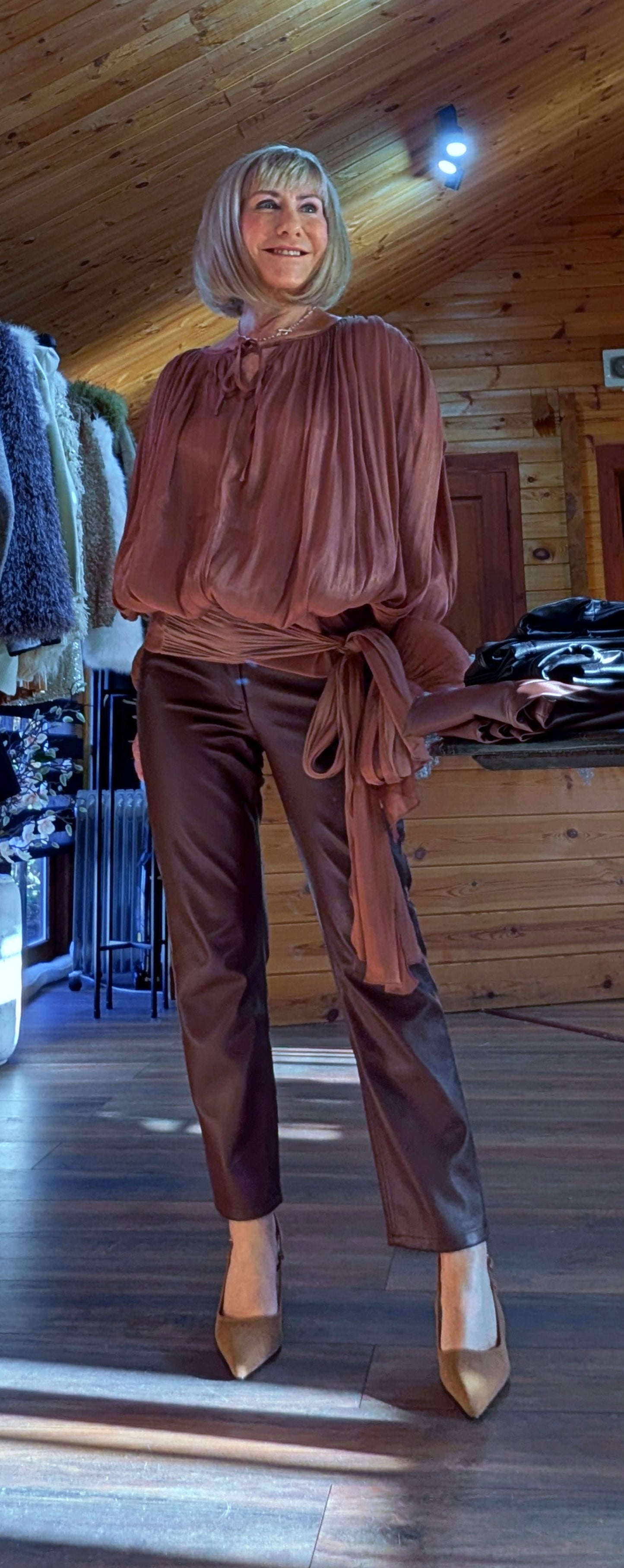 Venus Golden Caramel Blouse – Tie Neck -Sash Waist Detail