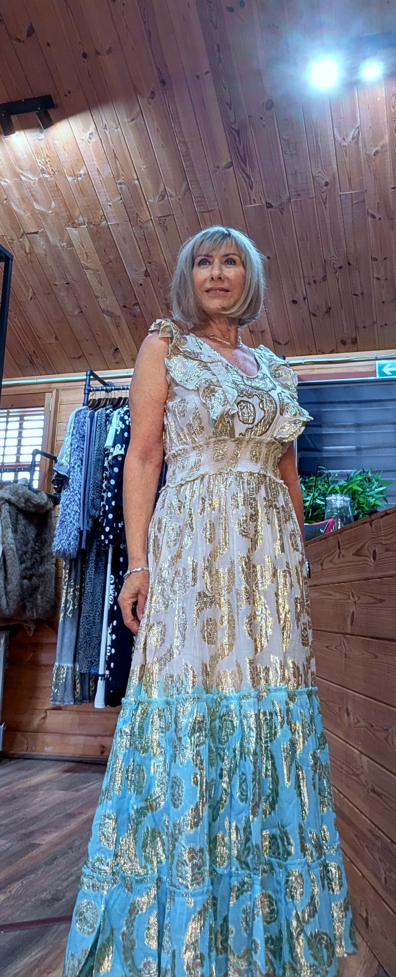 Gianna Boho Maxi Embossed  Dress Turquoise Or  Gold