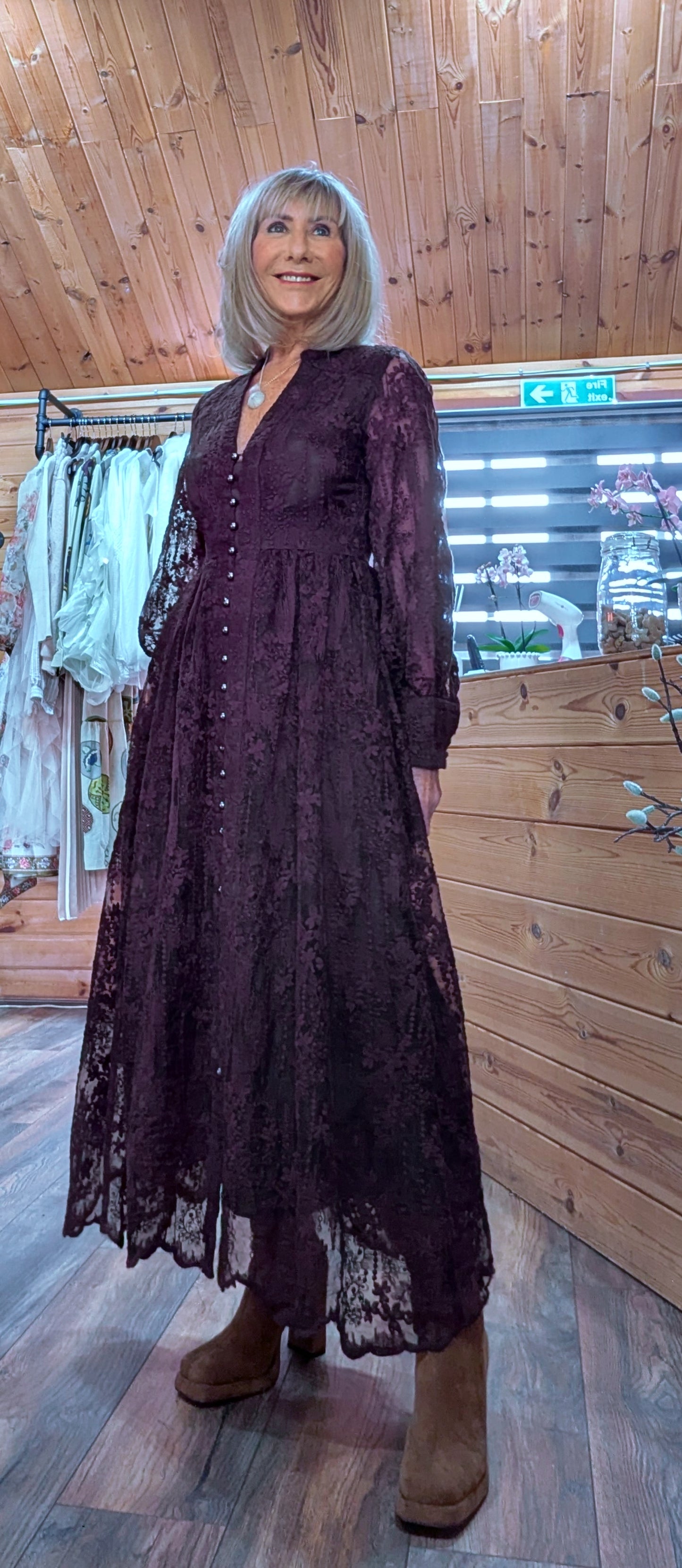 Marsha Coffee Lace Smock Dress – Pearl Button Front - Grandad Collar