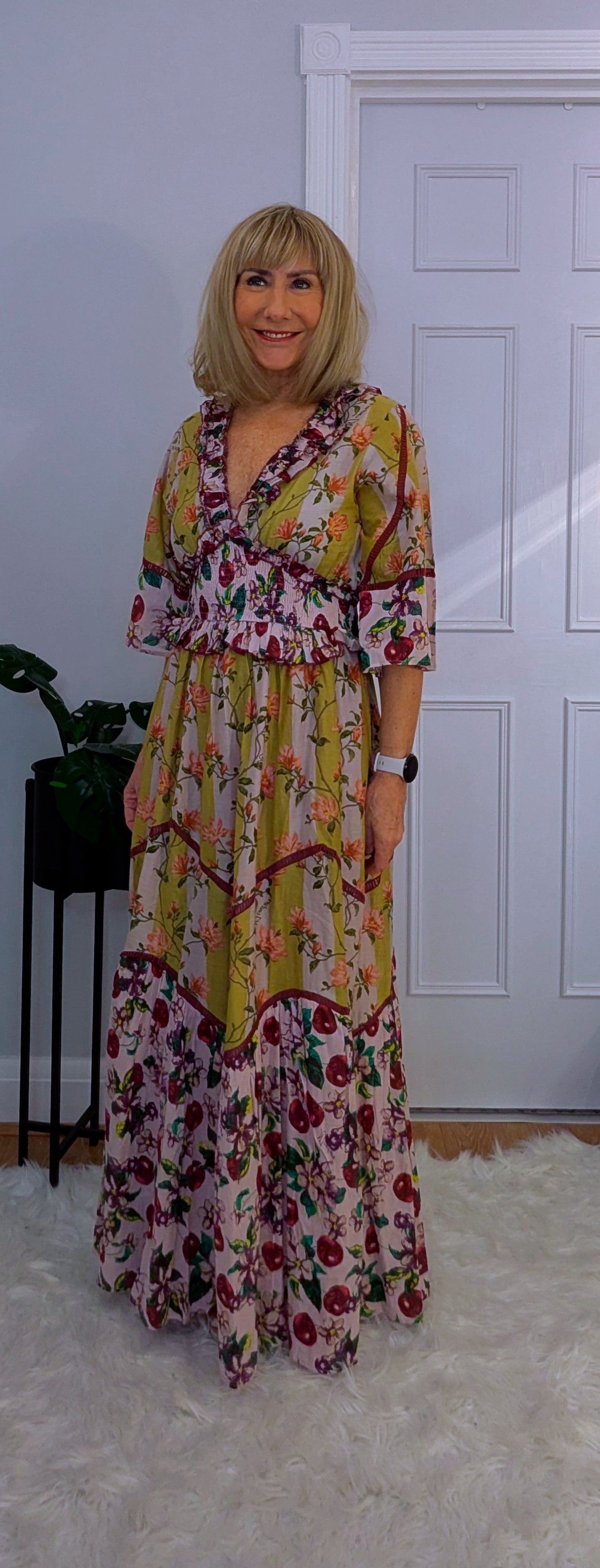 Felicity Bohemian Maxi  Dress in Maroon and Gold Shirred Waist