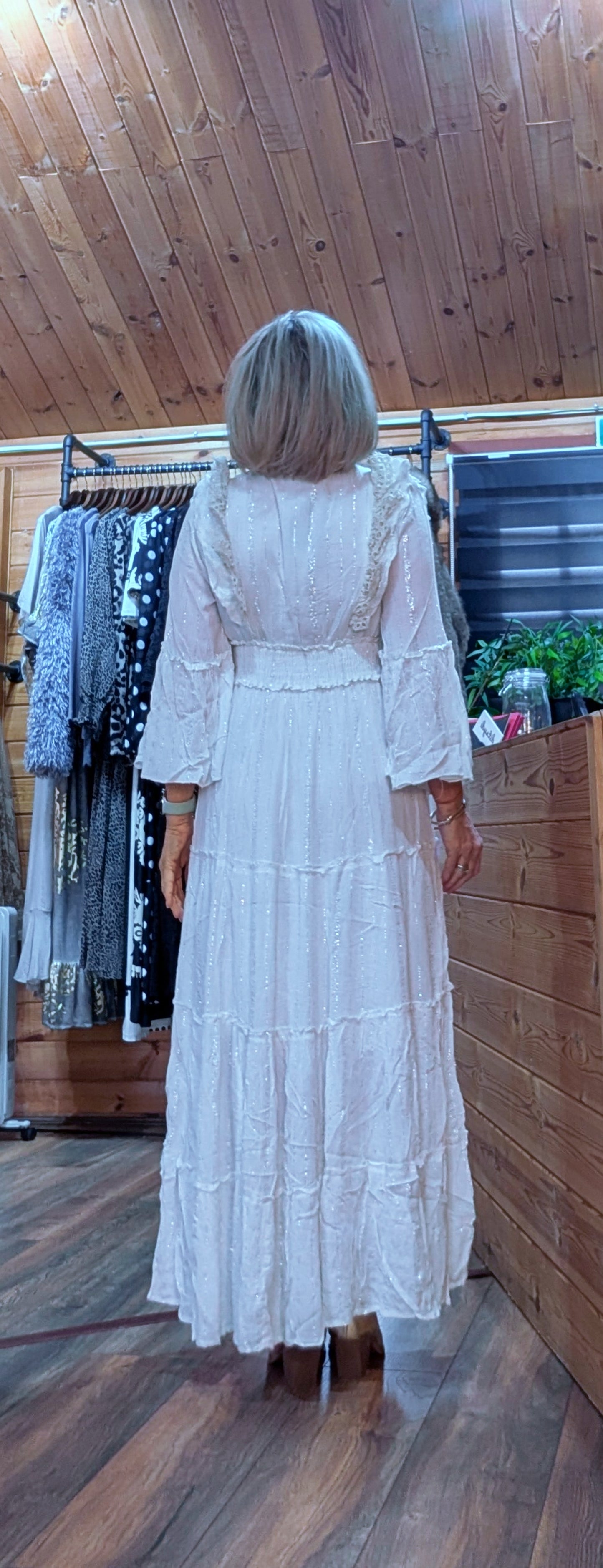 Julianna  White Bohemian Dress with Floral Embroidery at the back