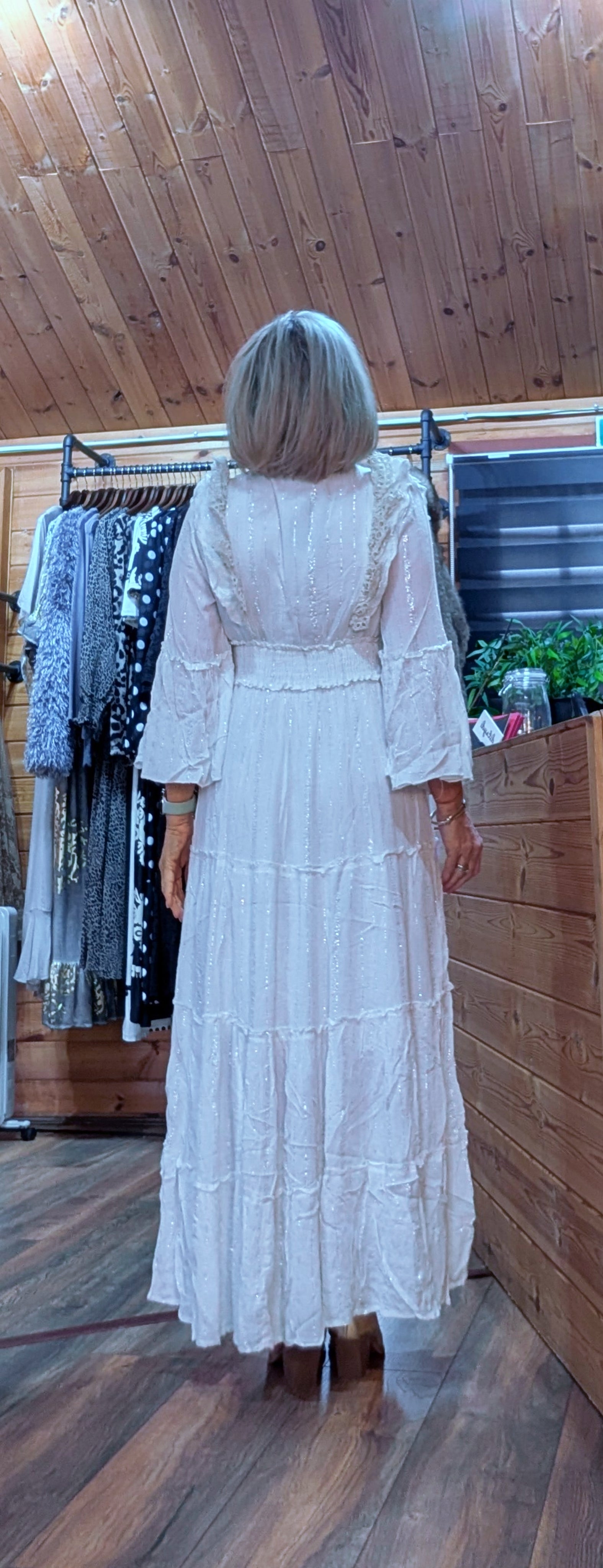 Julianna  White Bohemian Dress with Floral Embroidery at the back