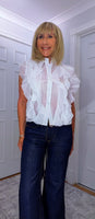 Margot Ruffle Blouse  Petite – Sleeveless Button-Up in White or Ecru