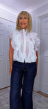 Margot Ruffle Blouse  Petite – Sleeveless Button-Up in White or Ecru