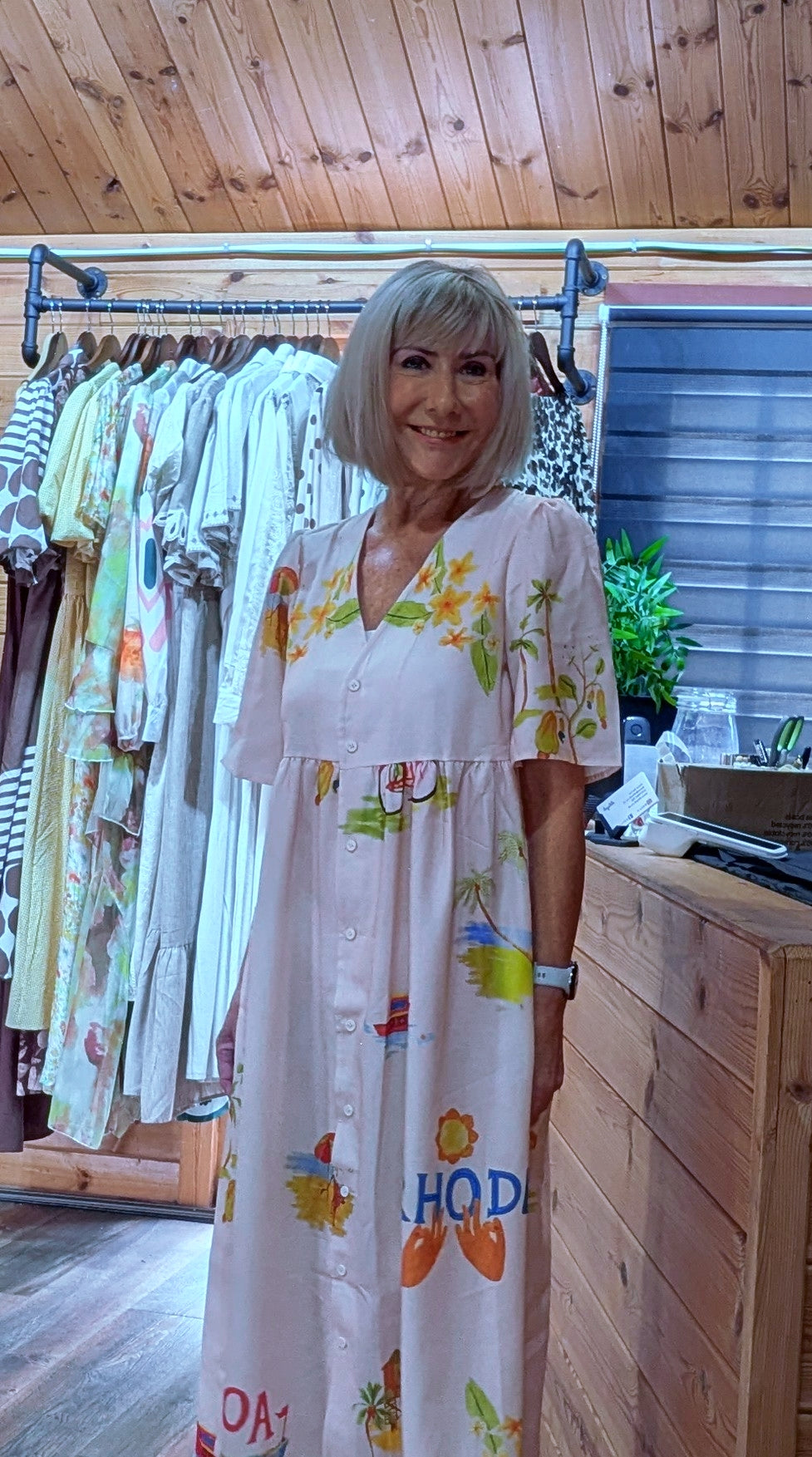 Fiona ivory printed midi dress with puff sleeves and button front