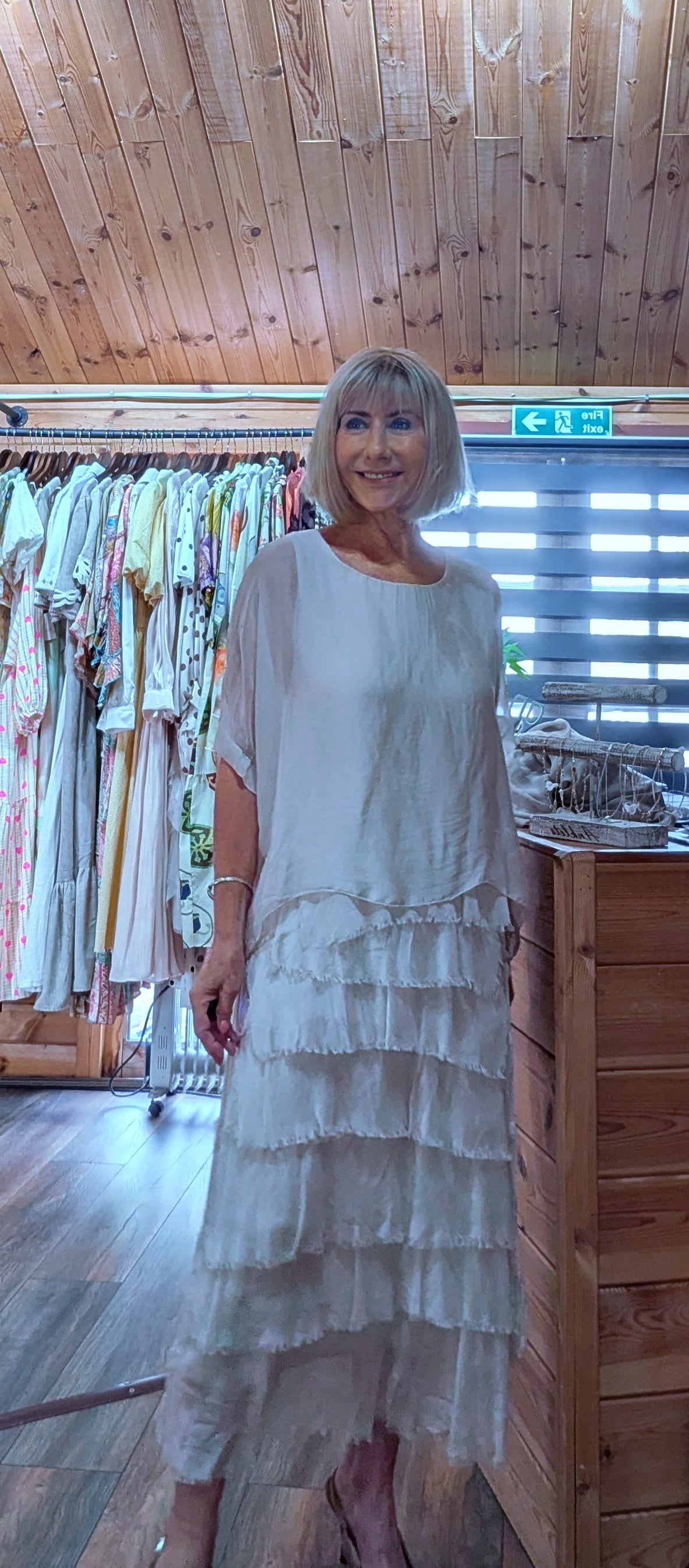 Close up of Josie Silk Blend Layered Occasion Dress in cream