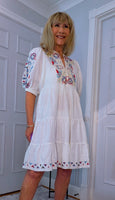 Bo Smocked Linen Cotton Dress – White with Pink & Blue Embroidery