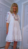 Bo Smocked Linen Cotton Dress – White with Pink & Blue Embroidery