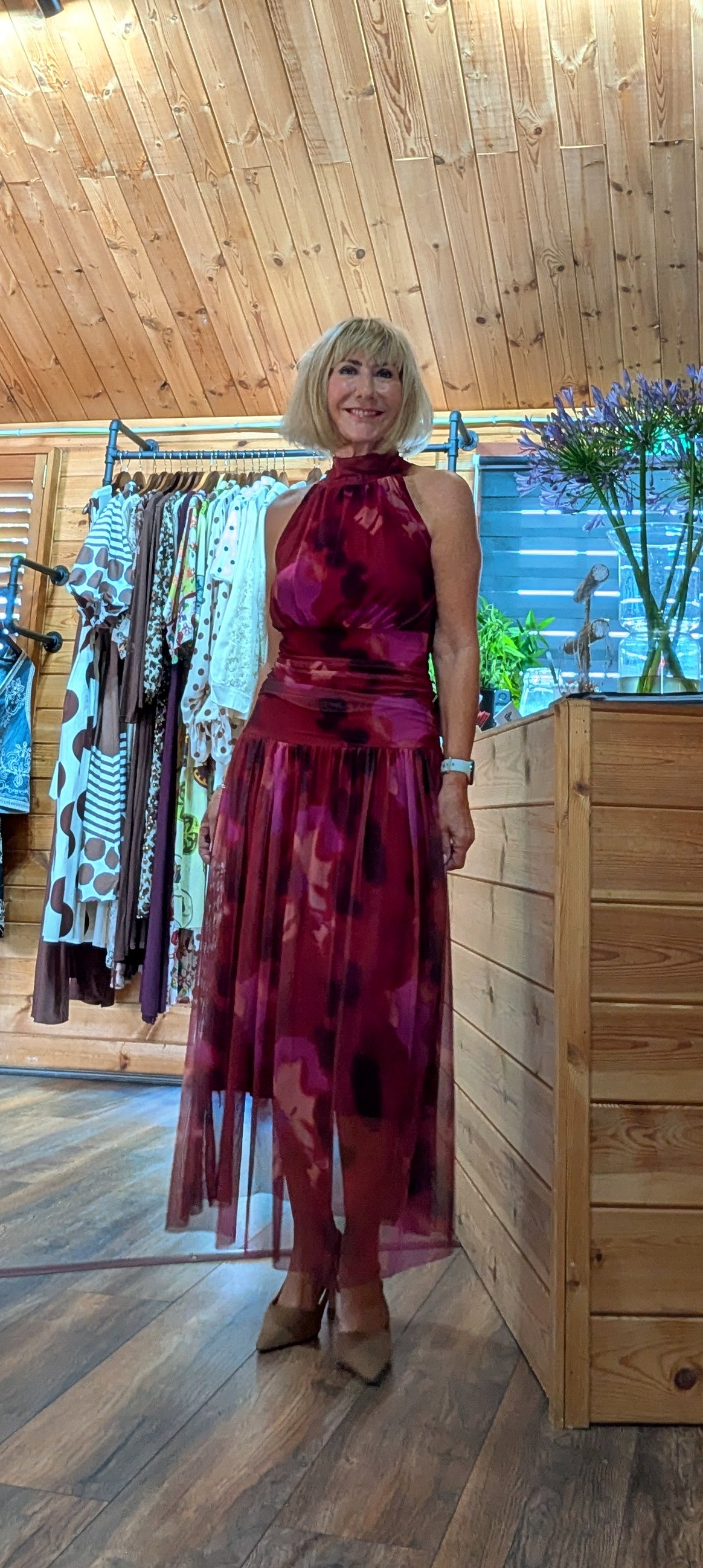 flattering occasion dress in deep autumn tones with a draped ruched waist and high neck styled by ditsydi 