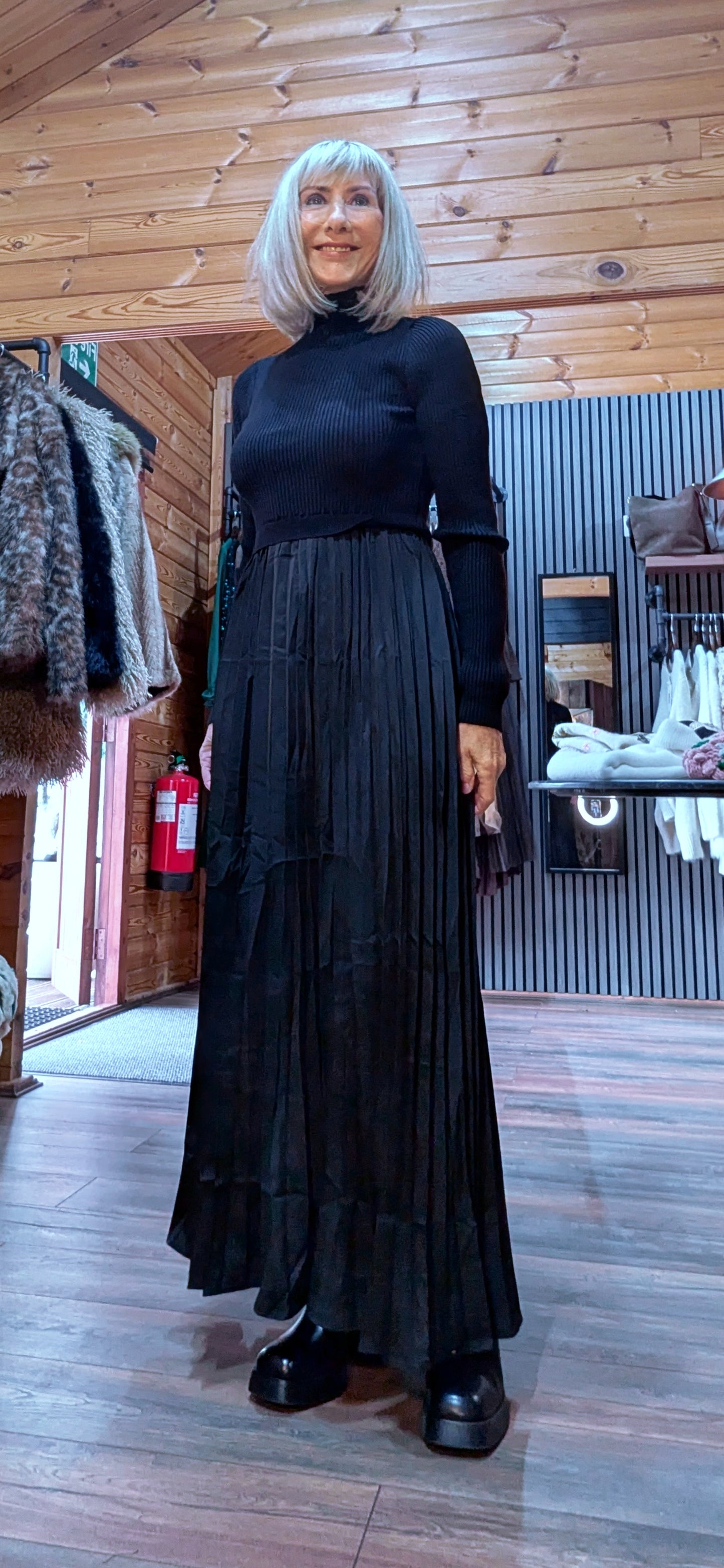 Haley Sweater Dress – High Neck with Pleated Maxi Skirt in Coffee or Black