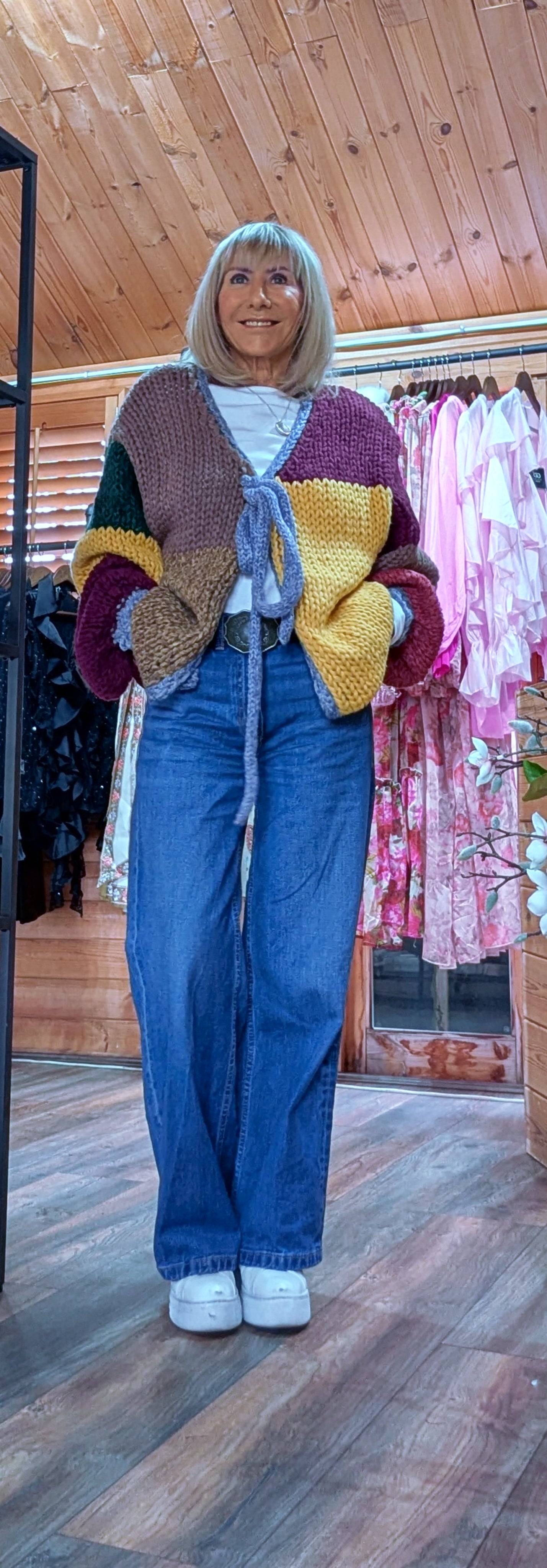 Gwen Boho Chunky Cardigan – Multicolour Patchwork with Tie Front
