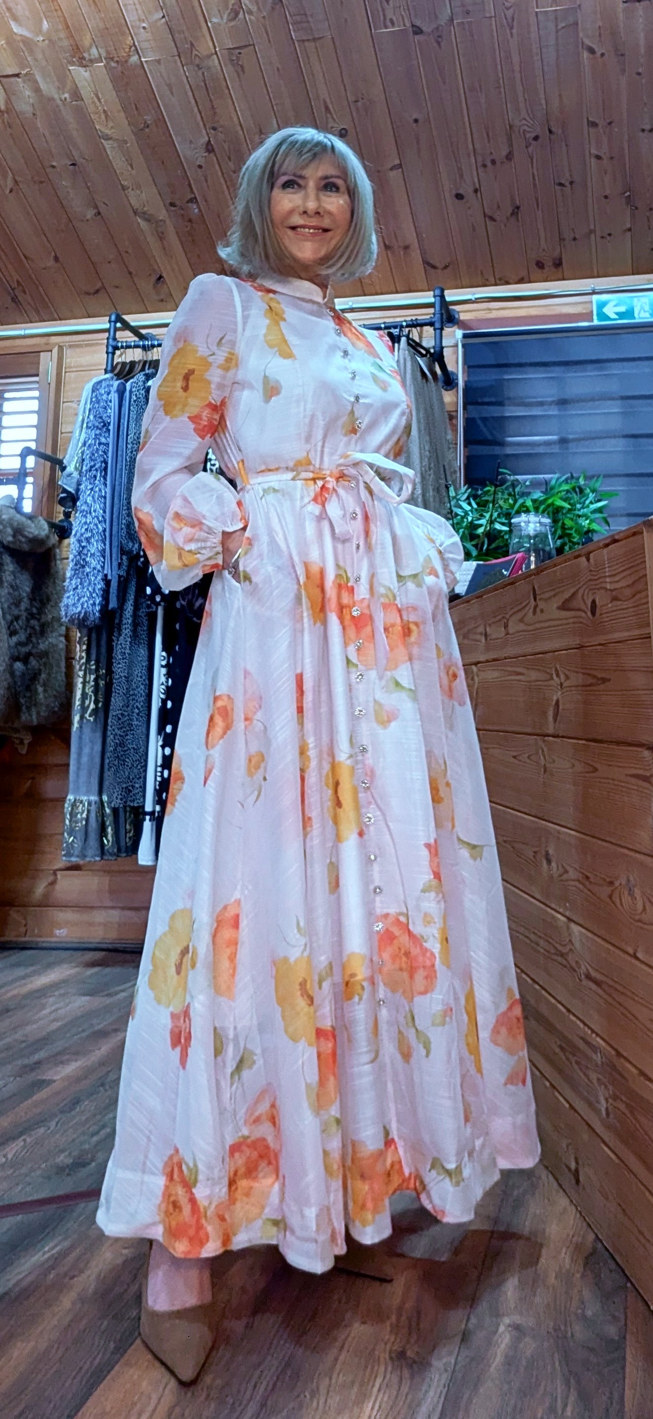 Eunice  Dress Bright Orange and Yellow Floral Print Dress With Tie Belt
