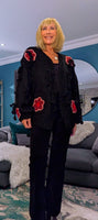 Mallory Chunky Cardigan – Black with Red 3D Flowers & Bows