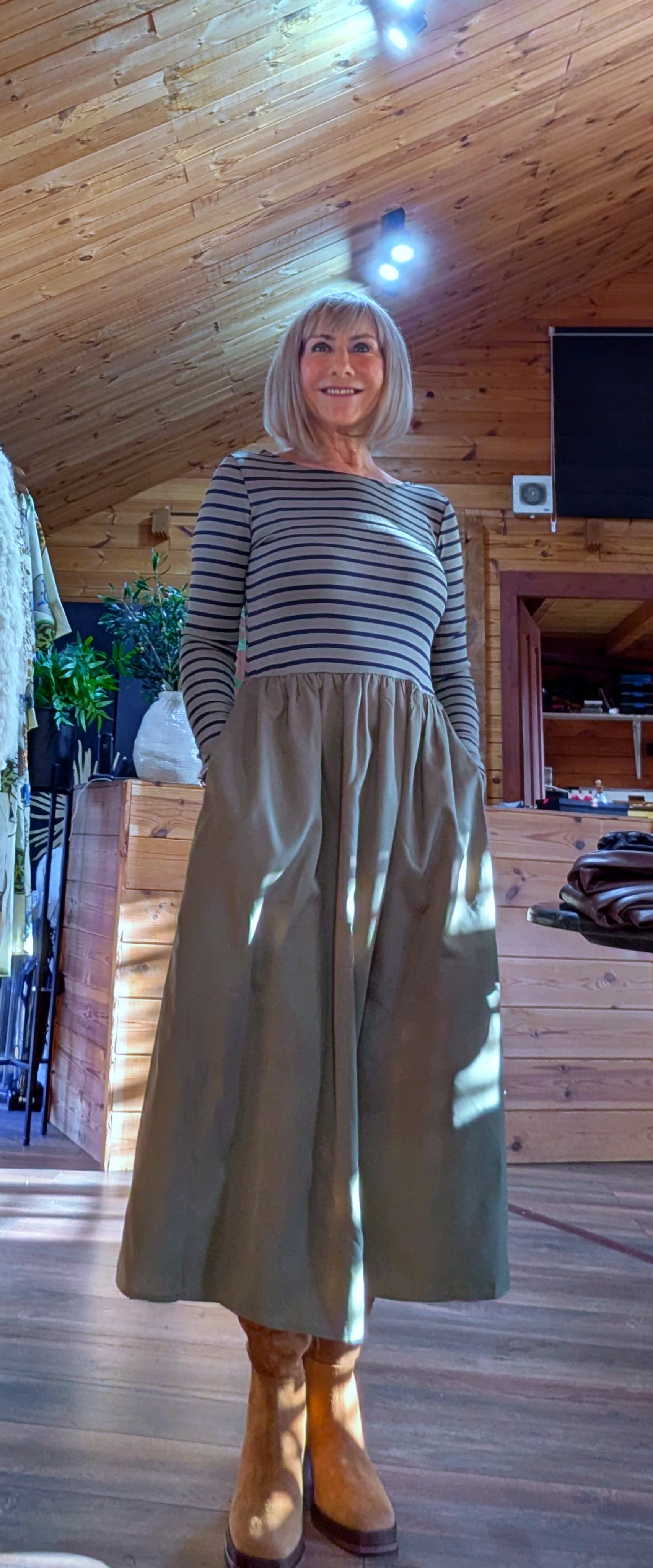 Long Sleeve Stripe Midi Dress - Green Stripe and side pockets