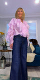 Dahlia Ruffle Blouse – V-Neck Puff Sleeve Top- Pink