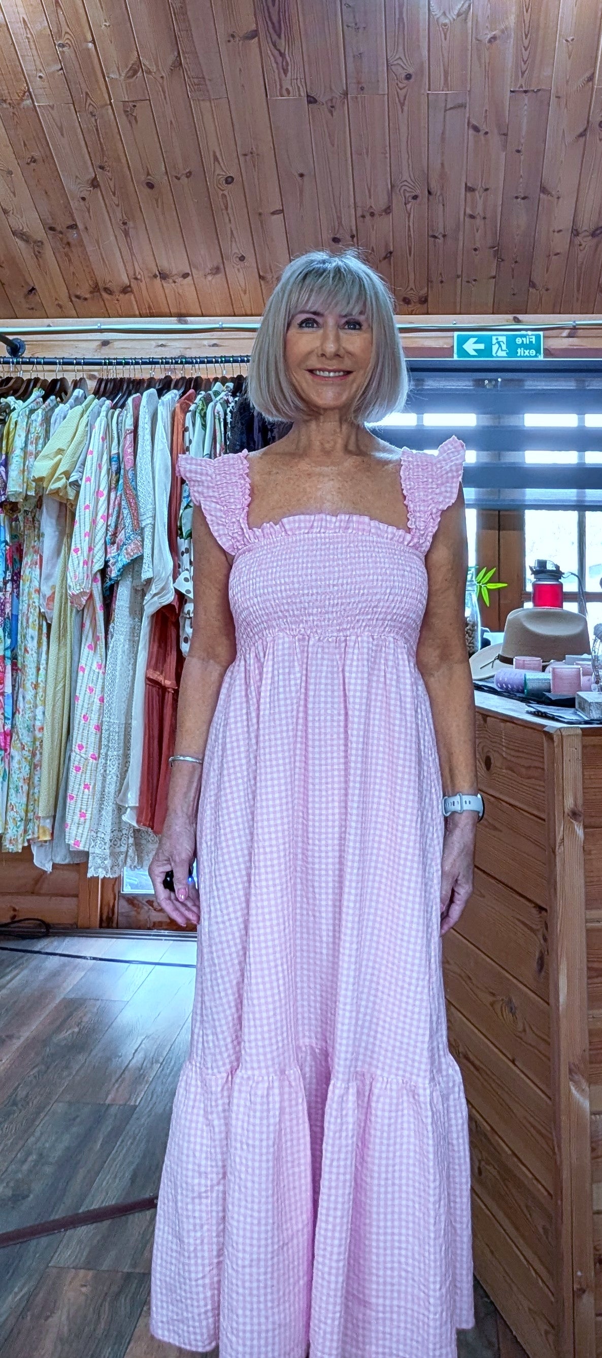 Evelyn pink shirred cotton blend sundress close up