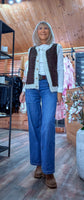 Colleen Sleeveless Cardigan – Cocoa with Ivory Border & Gold Buttons