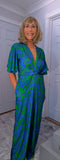 Justina Tropical Green - Fuchsia -Angel Sleeve Maxi Jumpsuit with Twist Detail