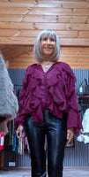 Estelle Bordeaux Ruffle Blouse – V-Neck with Button Front