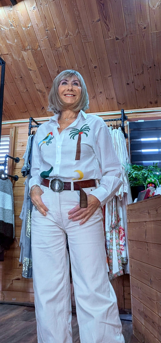 Dora White Tropical Embroidered Print Blouse