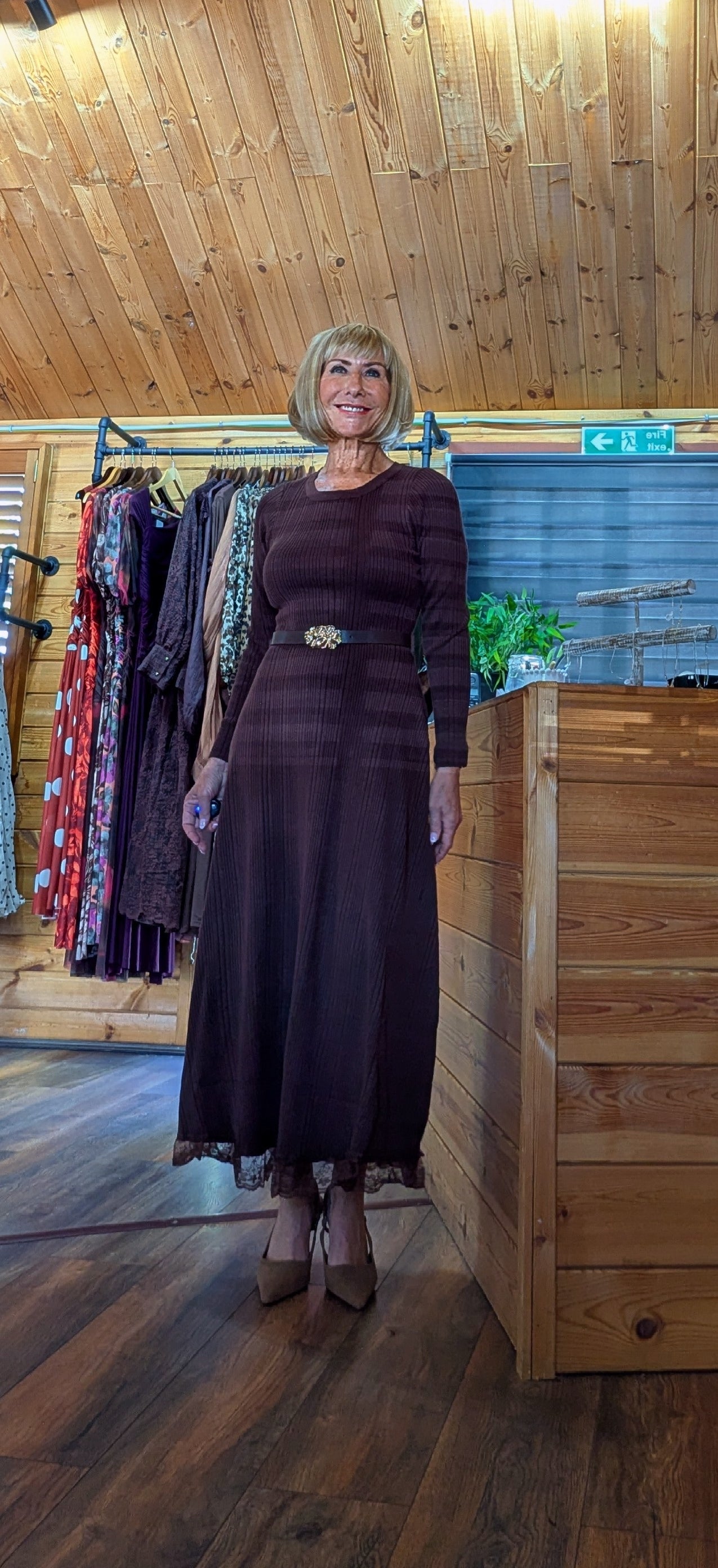 Brown belted long sleeve dress with delicate lace hem