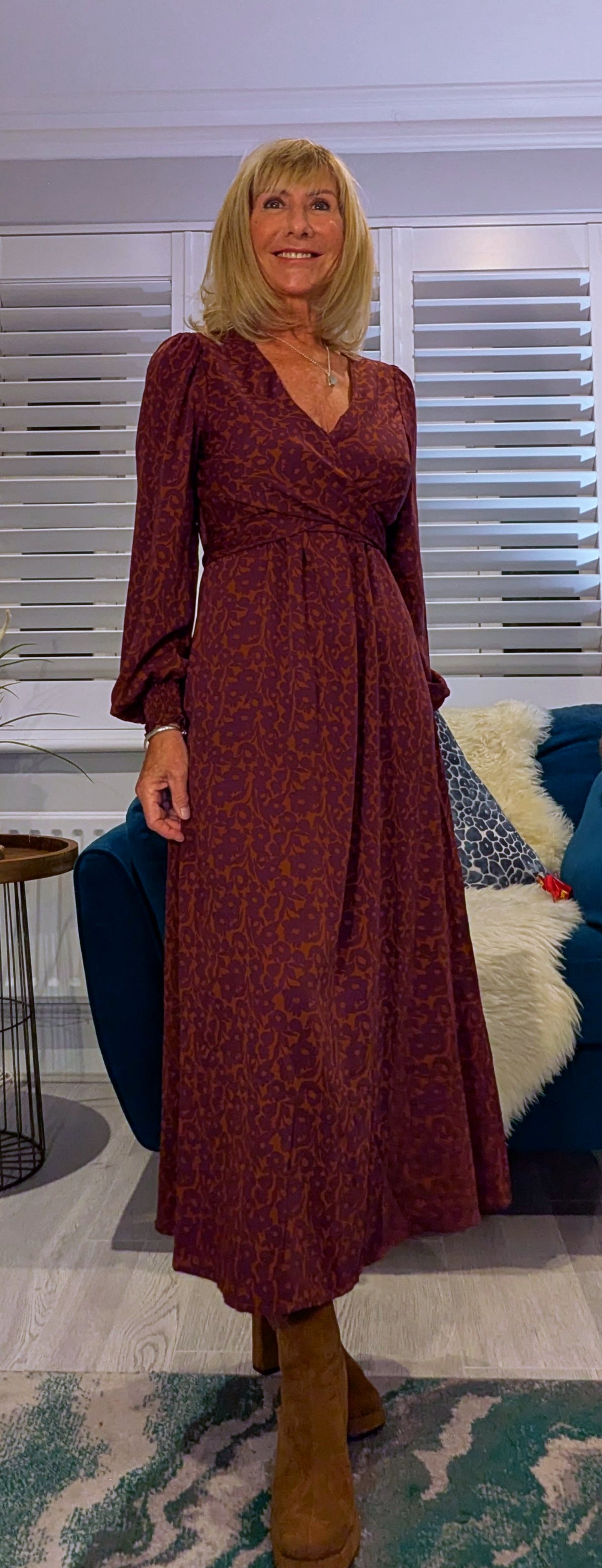Dulcie Ditsy Floral Midi Dress – Maroon and Purple Silky Wrap