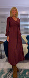 Dulcie Ditsy Floral Midi Dress – Maroon & Purple Silky Wrap