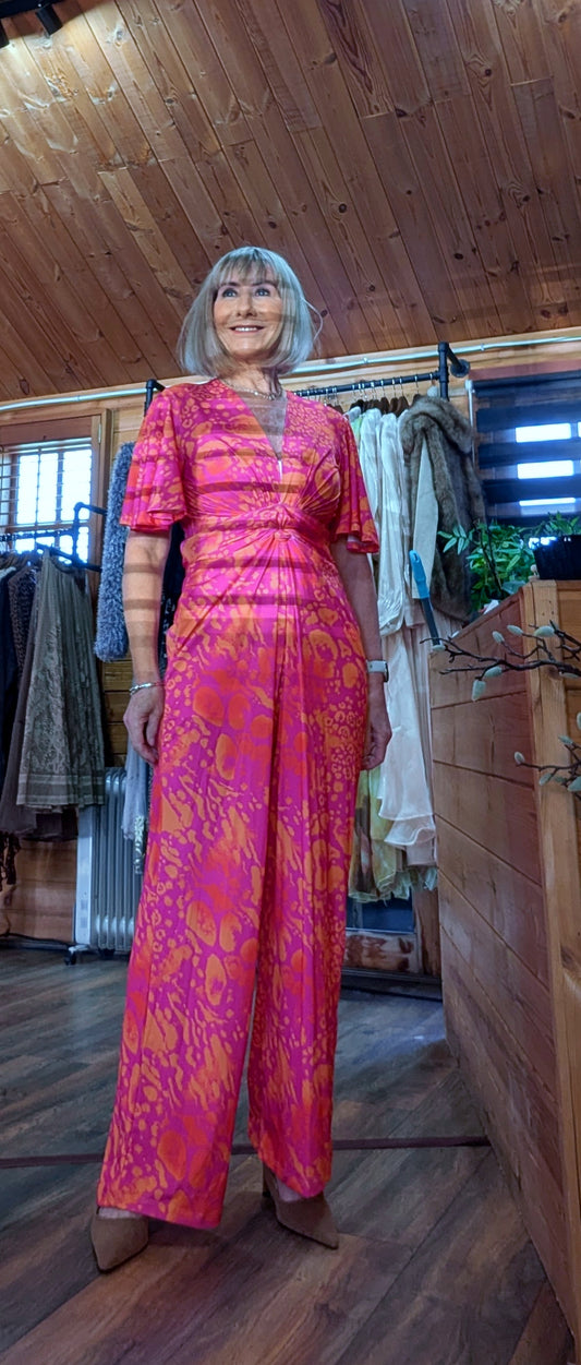 Justina Tropical Green - Fuchsia -Angel Sleeve Maxi Jumpsuit with Twist Detail
