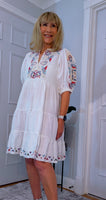 Bo Smocked Linen Cotton Dress – White with Pink & Blue Embroidery