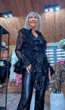 Vivienne Black Lace Blouse – Satin Ruffle Detail & Flared Sleeves