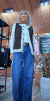 Colleen Sleeveless Cardigan – Cocoa with Ivory Border & Gold Buttons