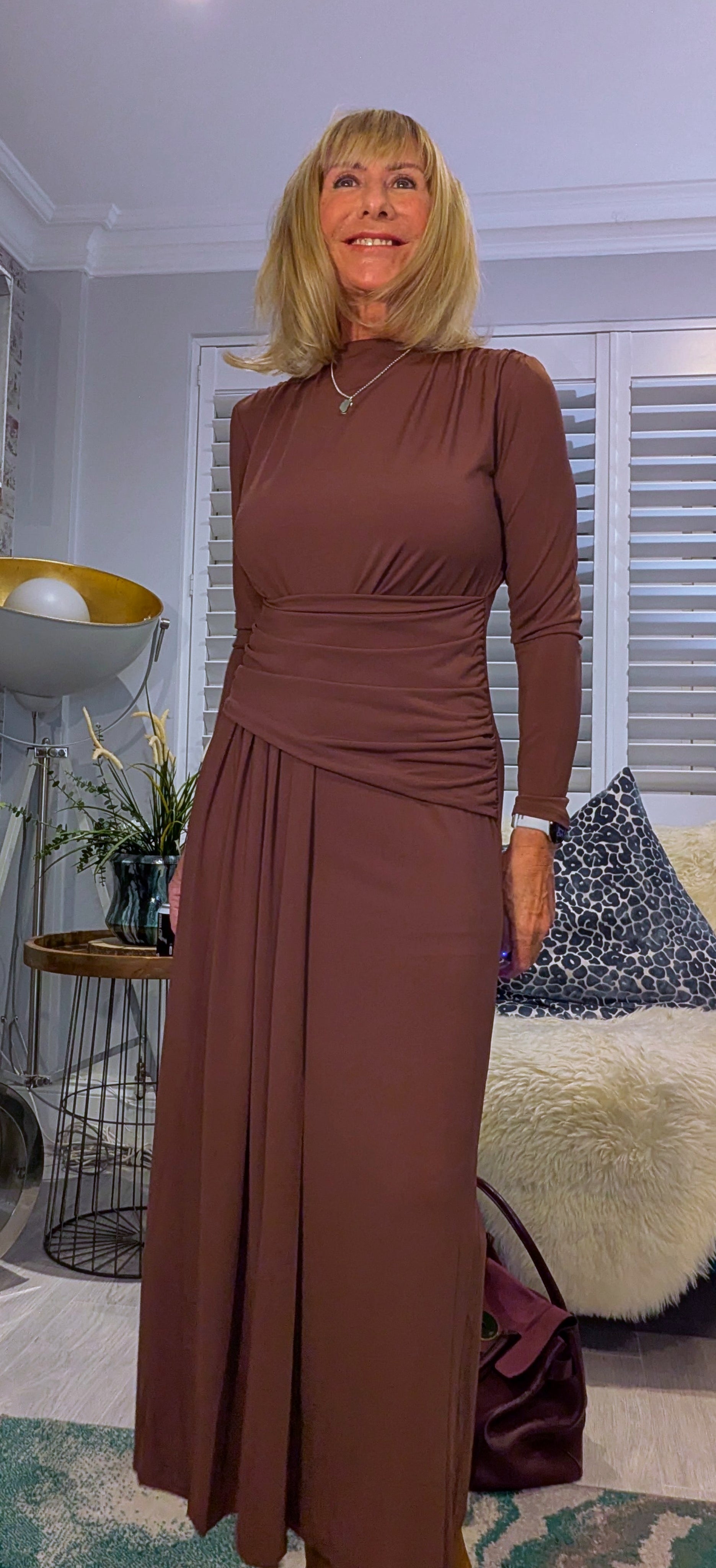 Rusty Ruched Dress – Rust with Drop Waist -Slash Neck