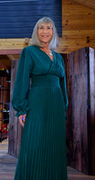 Laura Emerald Green Midi Dress – Shirred Waist & Pleated Skirt