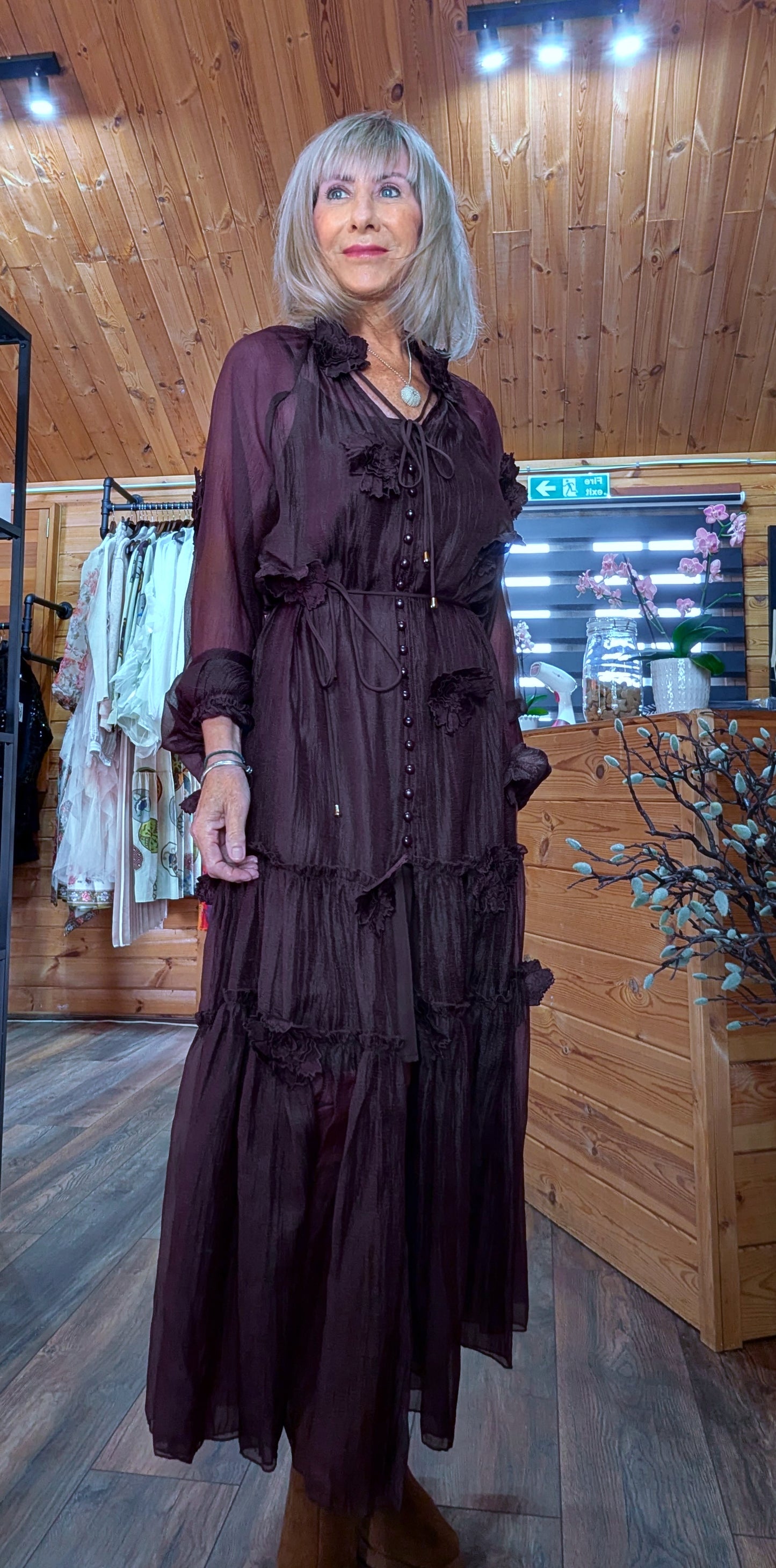 Gloria Coffee Tiered Dress – 3D Flowers -Tie Belt