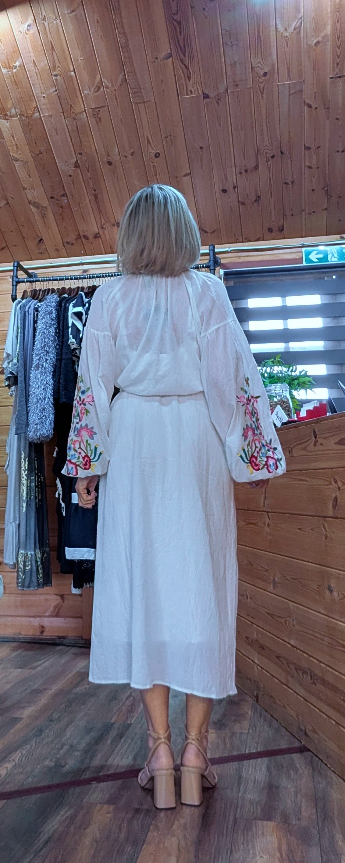 Rosemary White Embroidery Cotton Shirt Dress with Tassel Belt rear view
