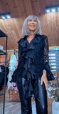 Vivienne Black Lace Blouse – Satin Ruffle Detail & Flared Sleeves