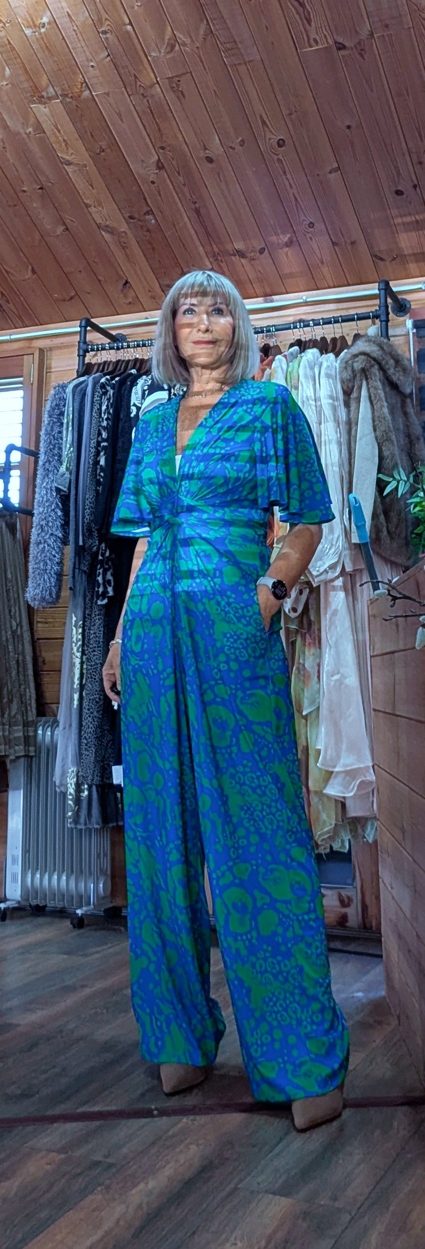 Justina Tropical Green - Fuchsia -Angel Sleeve Maxi Jumpsuit with Twist Detail