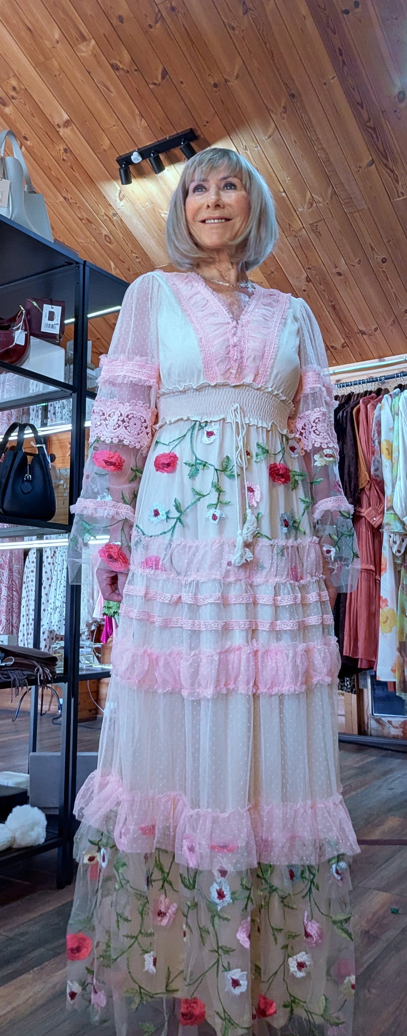 Stella Lace Bohemian Dress With Sheer Long Sleeves and Embroidery