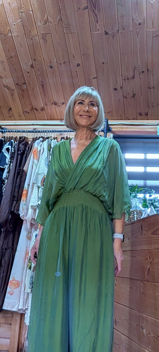 Josie Silk Blend  Jumpsuit – Olive Green